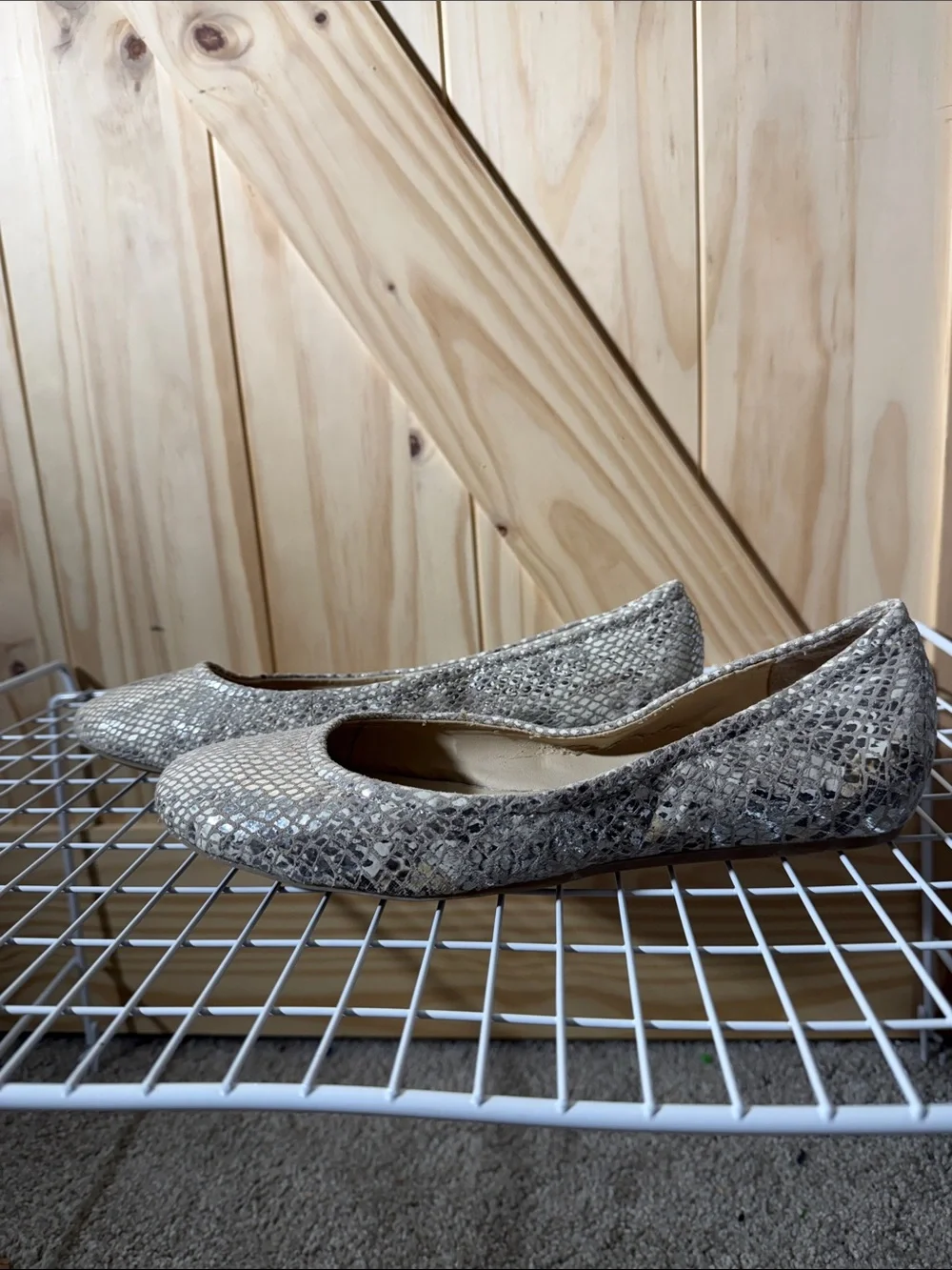 Jessica Simpson Metallic Snake-Print Flats in Beige Silver